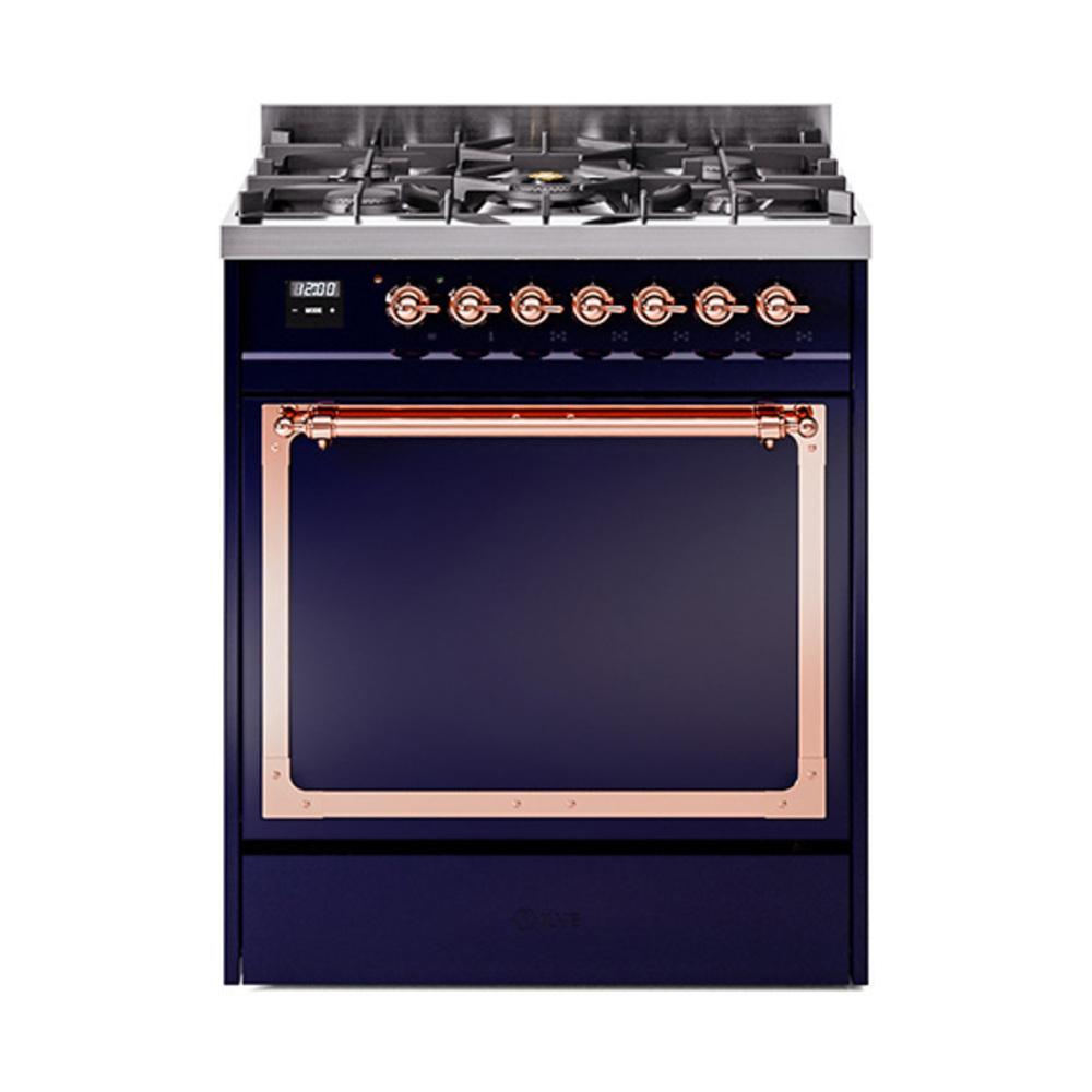 ILVE UN30QNMPMBPLP Nostalgie II Noblesse 30 inch Dual Fuel Range (Liquid Propane, Solid Door, Midnight Blue, Copper)