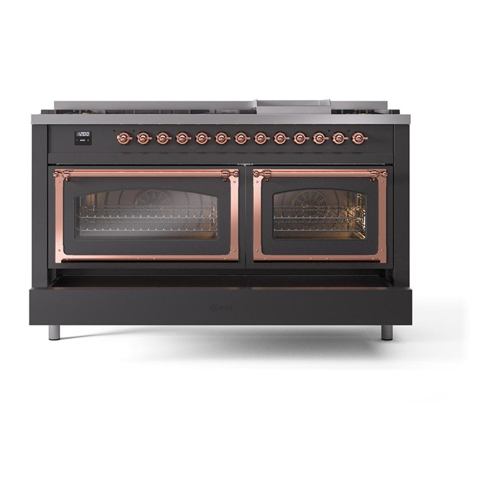 ILVE UN60FNMPMGPLP Nostalgie II Noblesse 60 inch Dual Fuel Range (9 Sealed Burners + Griddle, Liquid Propane, Triple Glass Door, Graphite Matte, Copper)
