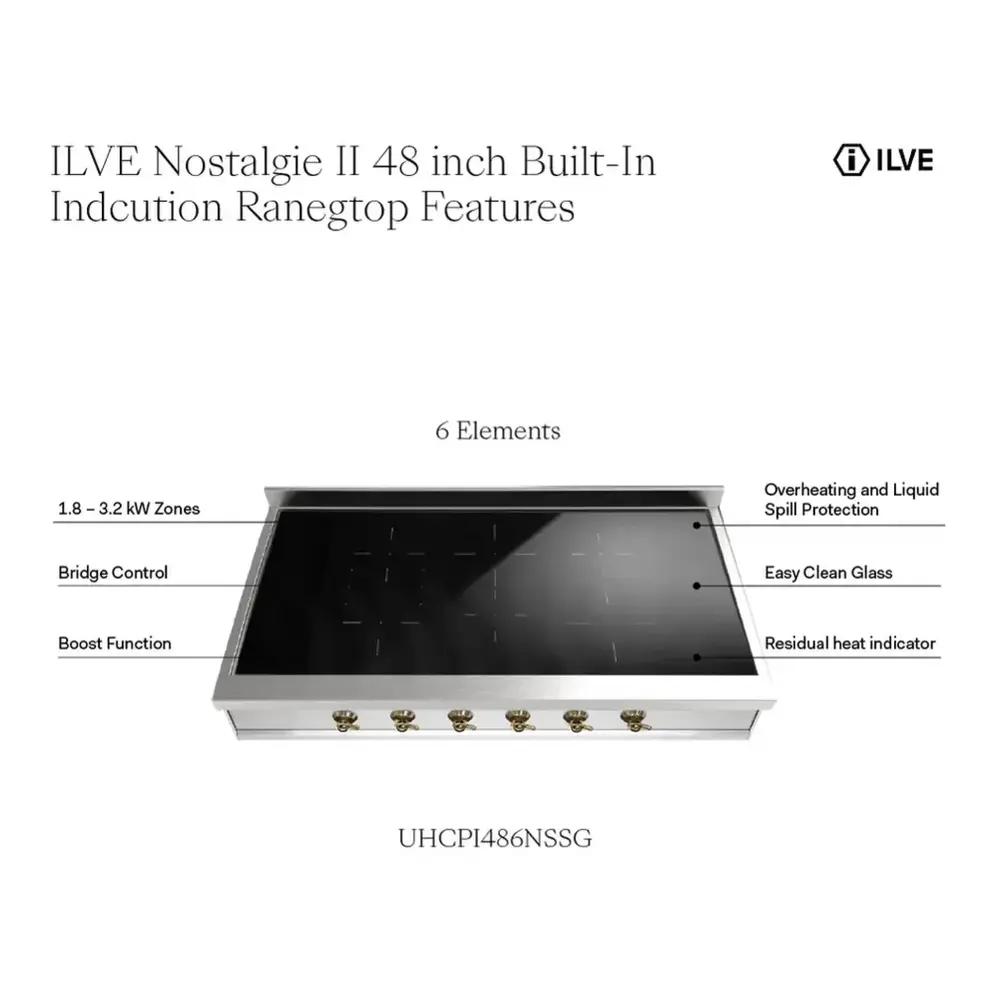 ILVE UHCPI486NSSP Nostalgie II 48 inch Built-In Induction Rangetop with 6 Elements, Stainless Steel (Copper)