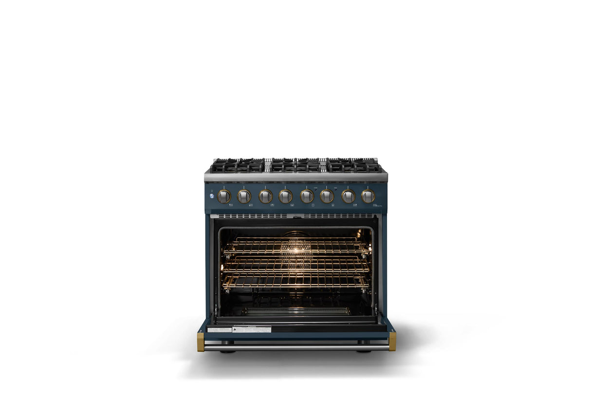 36"W. Dual Fuel Range (Burner: 6b, Finish: Squall, Trim: Brushed Brass, Fuel: Propane)
