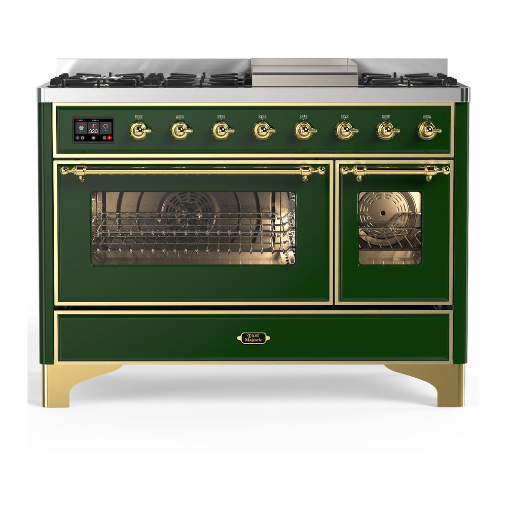ILVE UM48FNR3EGG Majestic III 48 inch Dual Fuel Range with 8 Burners and Griddle, Dual Function Burner up to 25,000 BTU (Natural Gas, Triple Glass Door, Emerald Green, Brass)