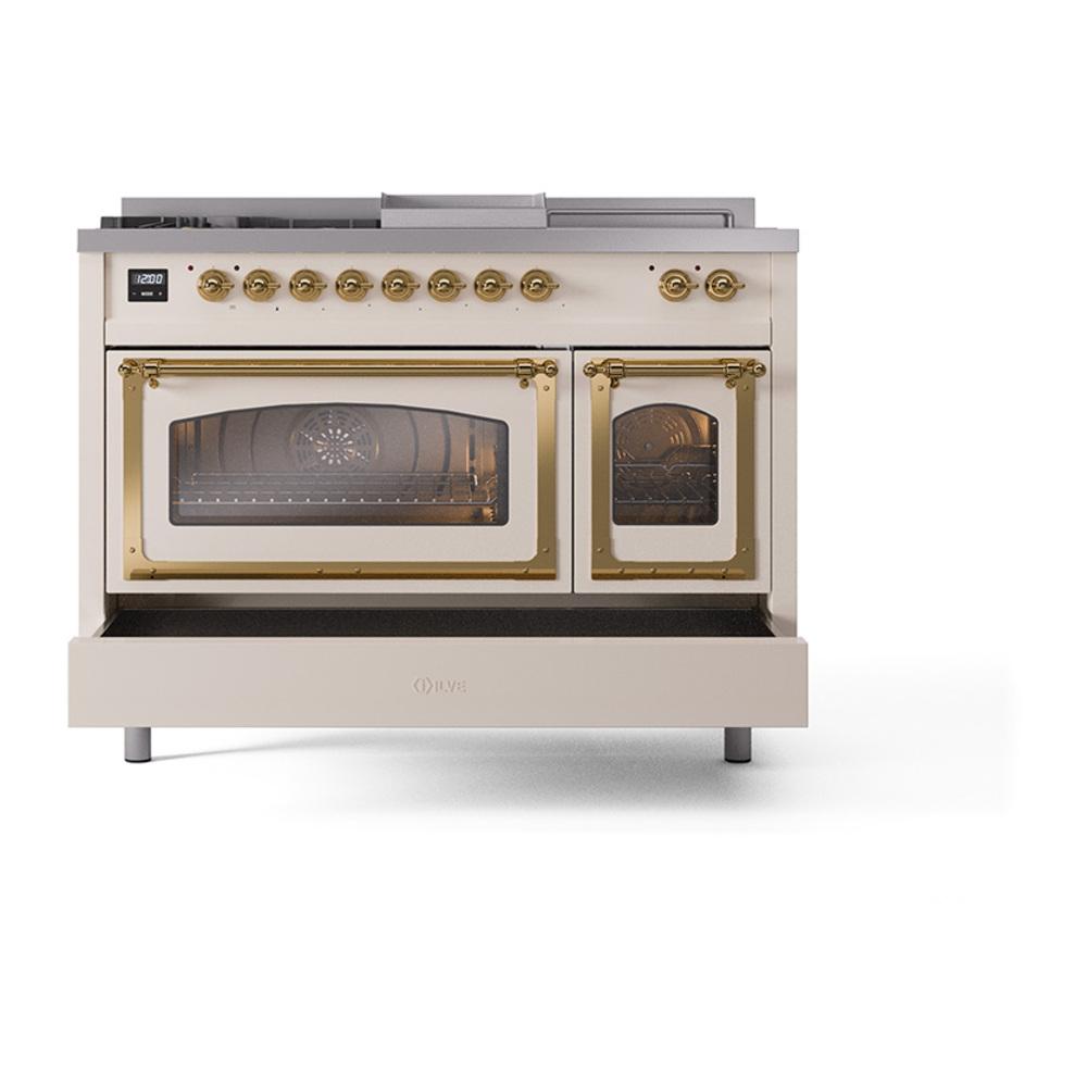 ILVE UN48FSNMPAWG Nostalgie II Noblesse 48 inch Dual Fuel Range (5 Sealed Burners + Griddle + French Top, Natural Gas, Triple Glass Door, Antique White, Brass)