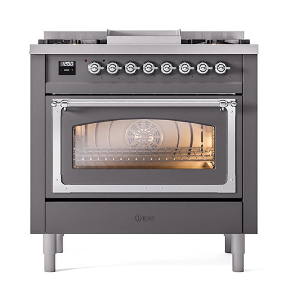 ILVE UN36FNMPMGCLP Nostalgie II Noblesse 36 inch Dual Fuel Range (Liquid Propane, Triple Glass Door, Graphite Matte, Chrome)
