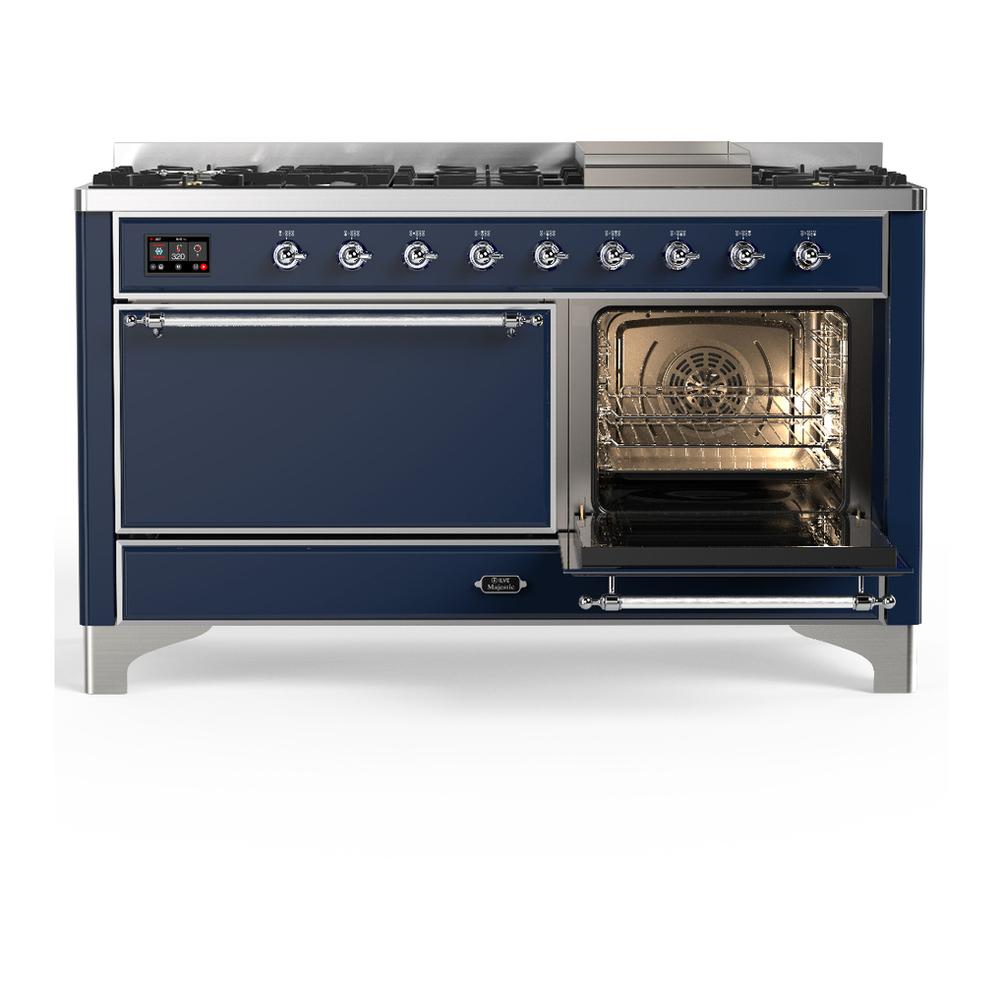 ILVE UM60FQNR3MBCLP Majestic III 60 inch Dual Fuel Range with 9 Burners and Griddle, Dual Function Burner up to 25,000 BTU (Liquid Propane, Solid Door, Midnight Blue, Chrome)