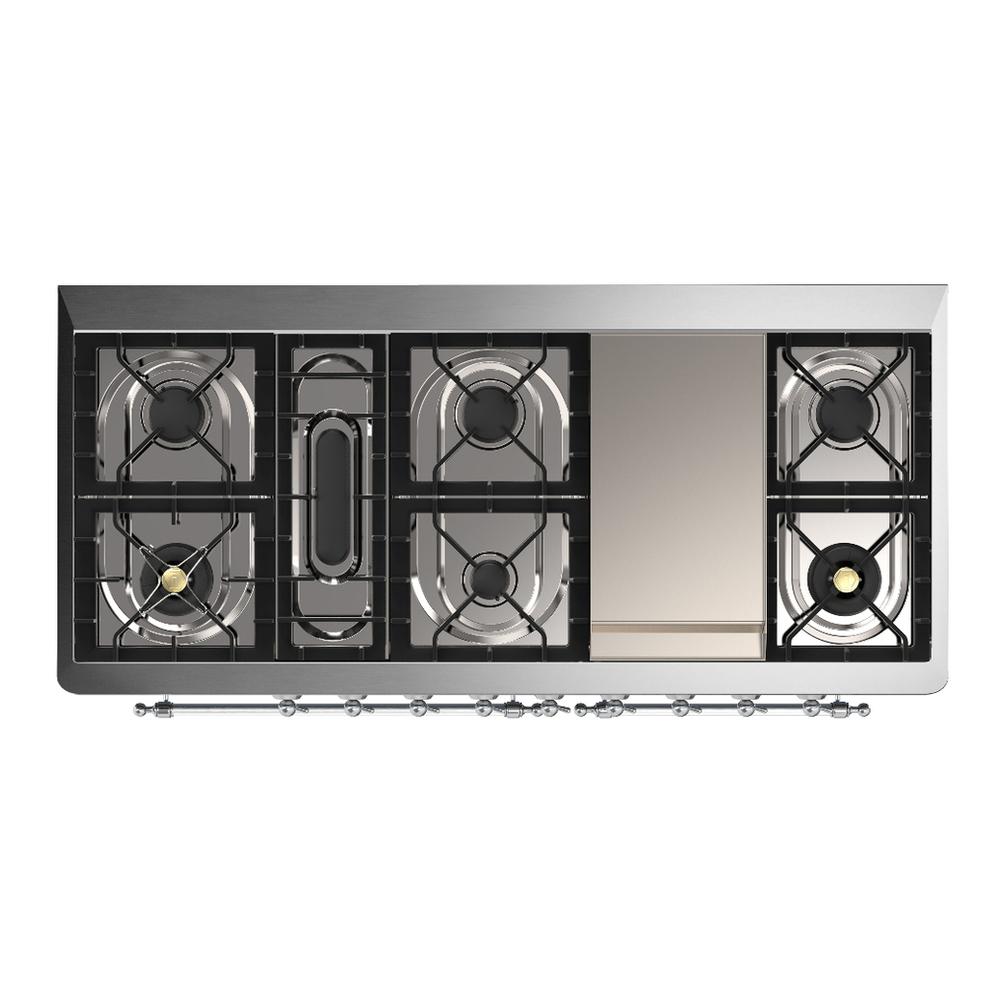 ILVE UM60FQNR3AWC Majestic III 60 inch Dual Fuel Range with 9 Burners and Griddle, Dual Function Burner up to 25,000 BTU (Natural Gas, Solid Door, Antique White, Chrome)