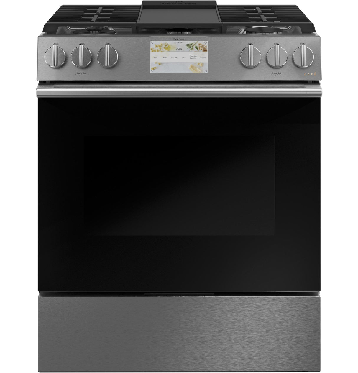 Café™ 30" Smart Slide-In, Front-Control, Dual-Fuel Range in Platinum Glass