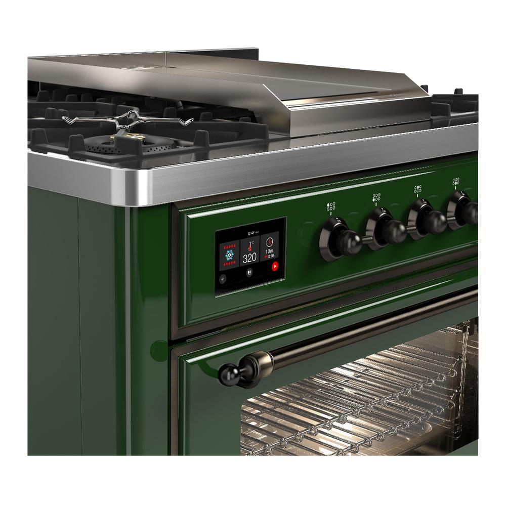 ILVE UM36FNR3EGB Majestic III 36 inch Dual Fuel Range with 6 Black Brass Burners and Griddle, Dual Function Burner up to 25,000 BTU (Triple Glass Door, Emerald Green, Burnished, Natural Gas)