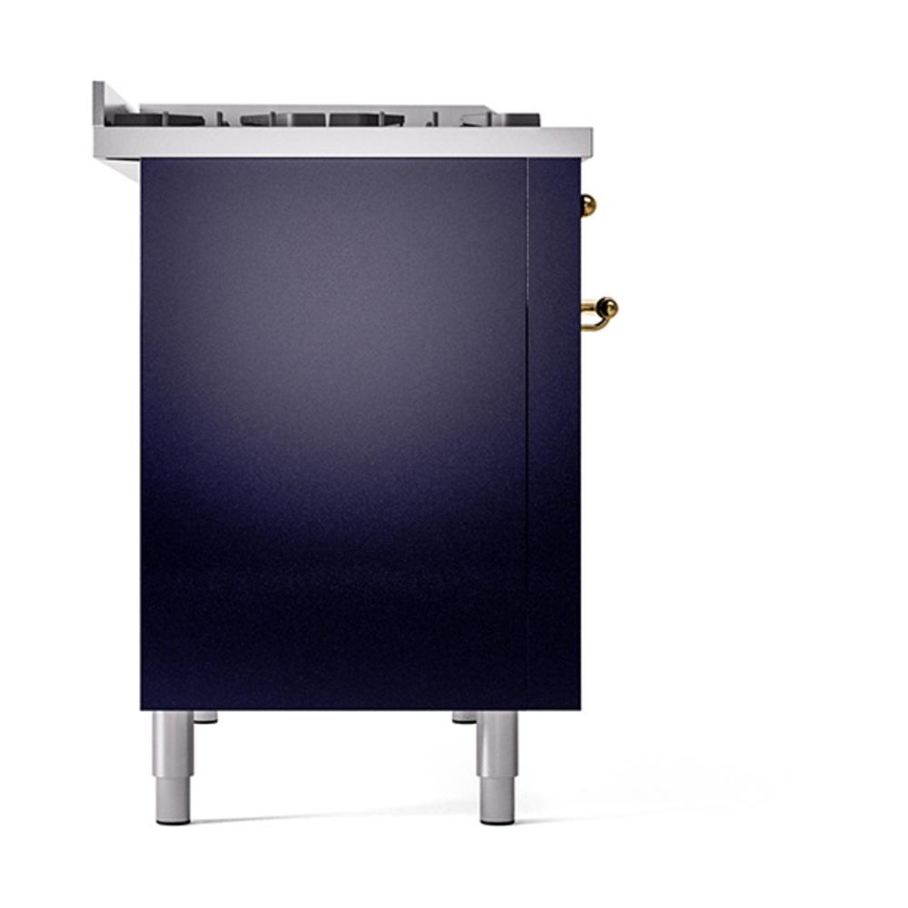 ILVE UN48FQNMPMBG Nostalgie II Noblesse 48 inch Dual Fuel Range (8 Sealed Burners + Griddle, Natural Gas, Solid Door, Midnight Blue, Brass)