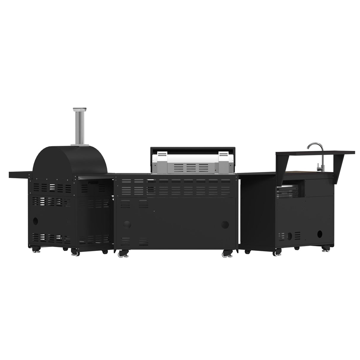Forno All Aperto 87,600 BTU Outdoor Kitchen, 4 Burners, Infrared Burners, Side Burner, Black Sintered Stone Countertops, Gas Pizza Oven, Sink Module, Bar & Beverage Center