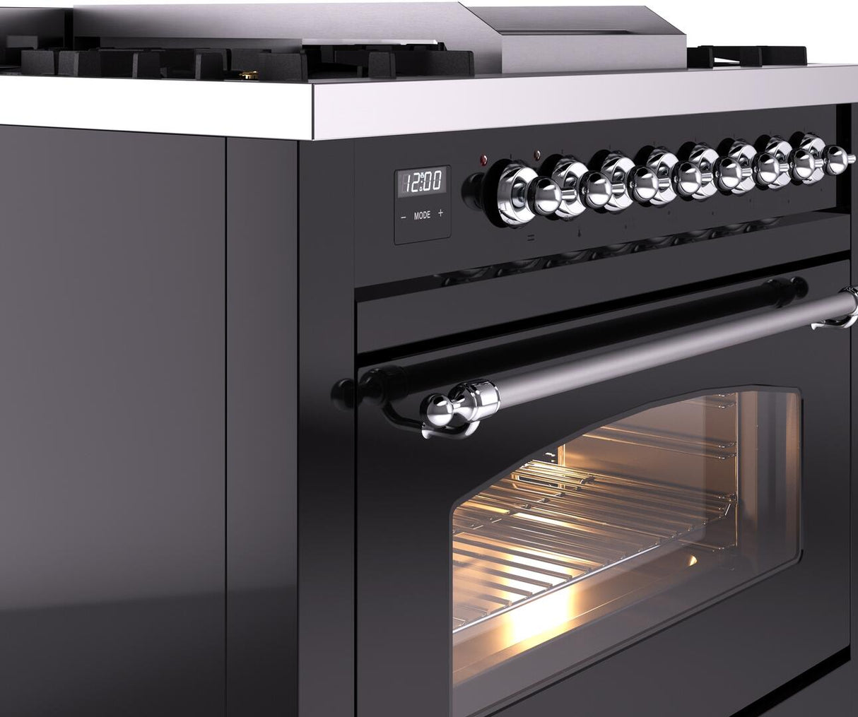 Nostalgie II 36 Inch Dual Fuel Liquid Propane Freestanding Range in Glossy Black with Chrome Trim