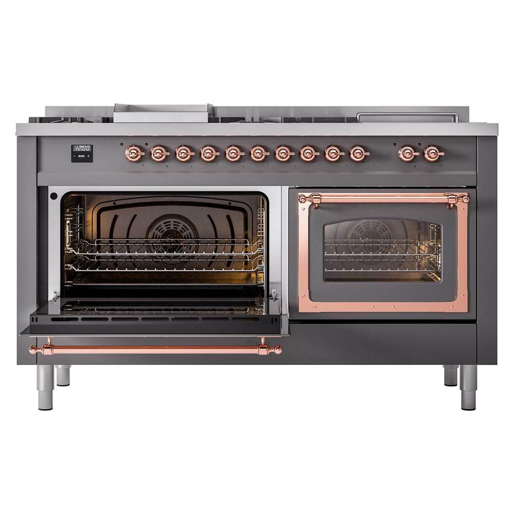 ILVE UN60FSNMPMGPLP Nostalgie II Noblesse 60 inch Dual Fuel Range (7 Sealed Burners + Griddle + French Top, Liquid Propane, Triple Glass Door, Graphite Matte, Copper)