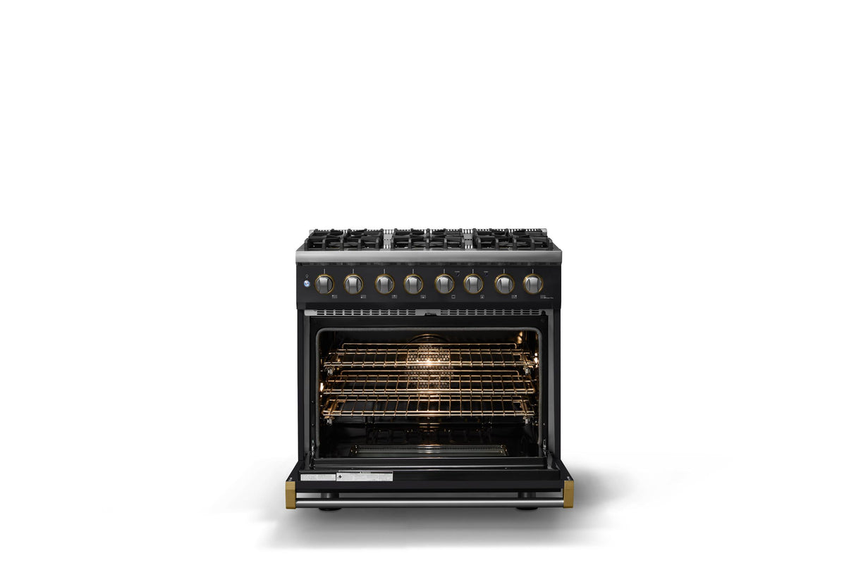 36"W. Dual Fuel Range (Burner: 6b, Finish: Onyx, Trim: Brushed Brass, Fuel: Natural Gas)