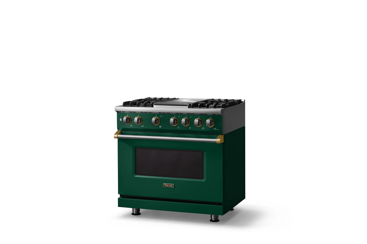 36"W. Dual Fuel Range (Burner: 4g, Finish: Ivy, Trim: Brushed Brass, Fuel: Propane)