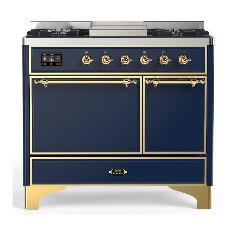 ILVE UMD40FQNR3MBG Majestic III 40 inch Dual Fuel Range with 6 Burners and Griddle, Dual Function Burner up to 25,000 BTU (Natural Gas, Solid Door, Midnight Blue, Brass)
