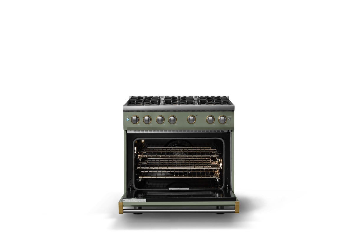 36"W. Sealed Burner Gas Range (Burner: 6b, Finish: Eucalyptus, Trim: Brushed Brass, Fuel: Natural Gas)