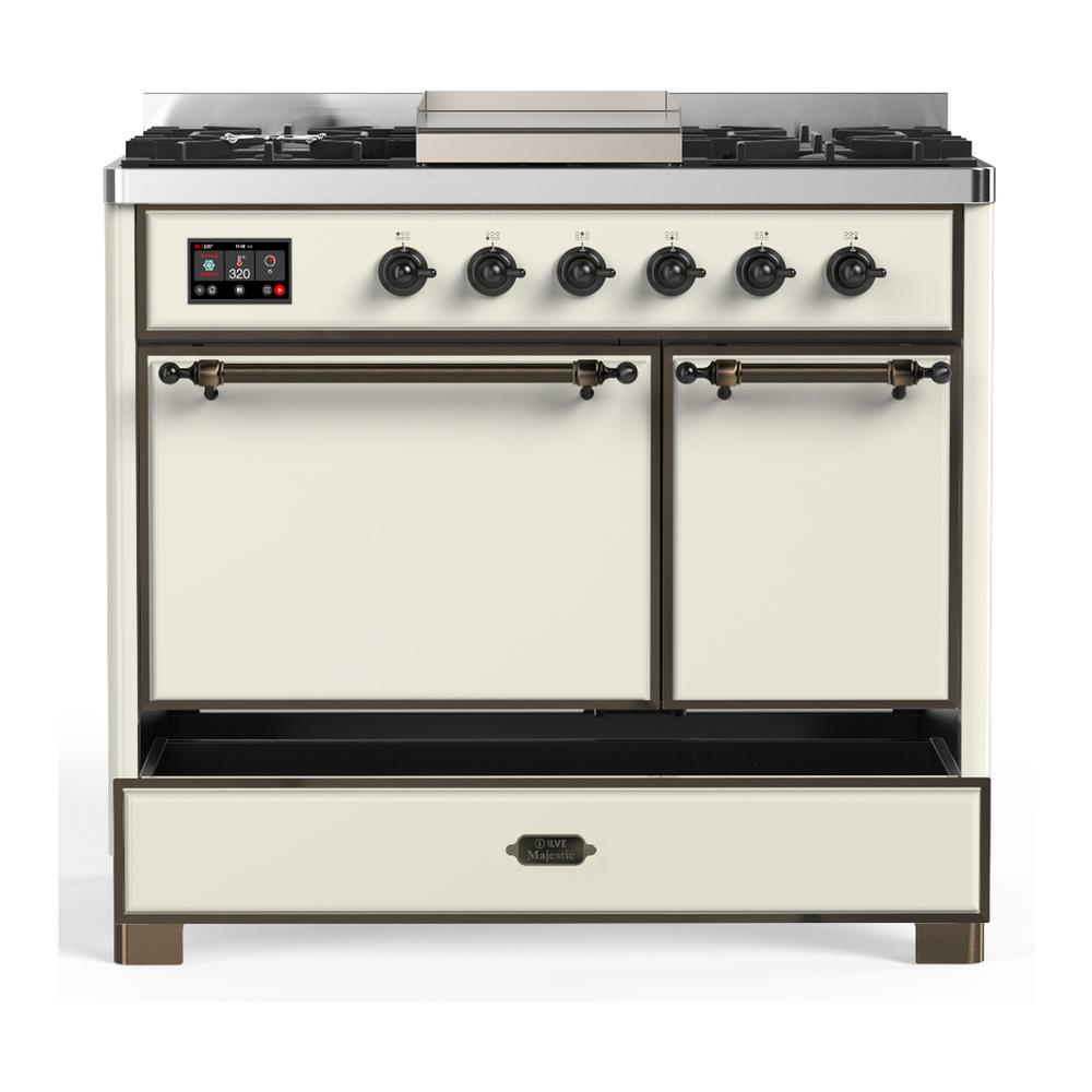 ILVE UMD40FQNR3AWBLP Majestic III 40 inch Dual Fuel Range with 6 Burners and Griddle, Dual Function Burner up to 25,000 BTU (Liquid Propane, Solid Door, Antique White, Burnished)