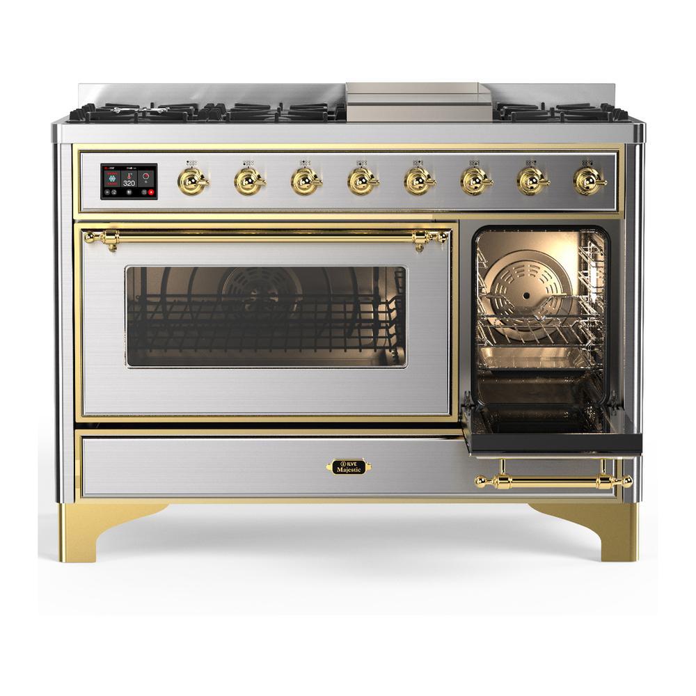 ILVE UM48FNR3SSG Majestic III 48 inch Dual Fuel Range with 8 Burners and Griddle, Dual Function Burner up to 25,000 BTU (Natural Gas, Triple Glass Door, Stainless Steel, Brass)
