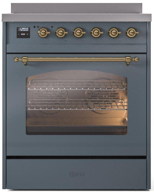 Nostalgie II 30 Inch Electric Freestanding Range in Blue Grey with Brass Trim