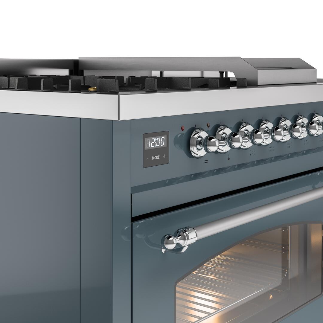 Nostalgie II 48 Inch Dual Fuel Liquid Propane Freestanding Range in Blue Grey with Chrome Trim