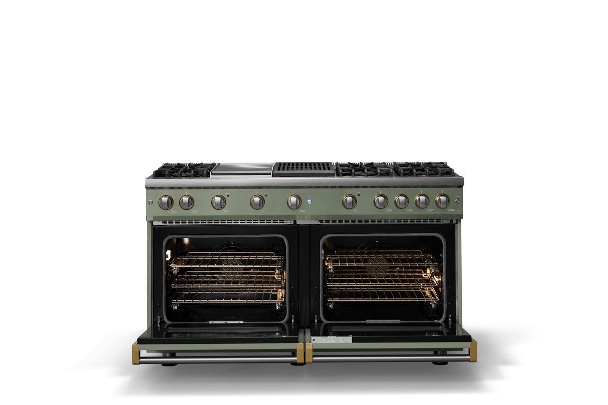 60"W. Sealed Burner Gas Range (Finish: Eucalyptus, Trim: Brushed Brass, Fuel: Propane)