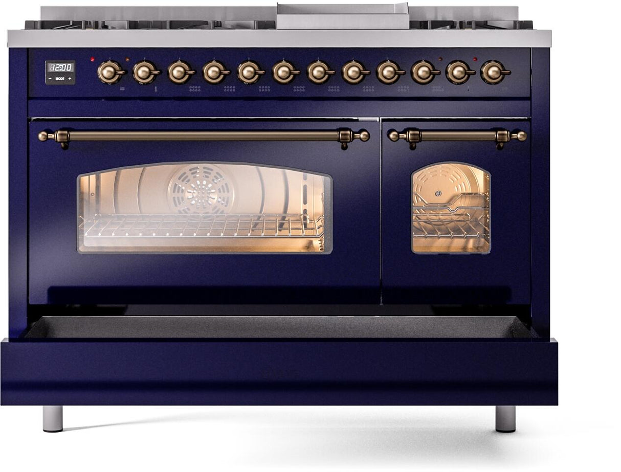 Nostalgie II 48 Inch Dual Fuel Natural Gas Freestanding Range in Blue with Bronze Trim