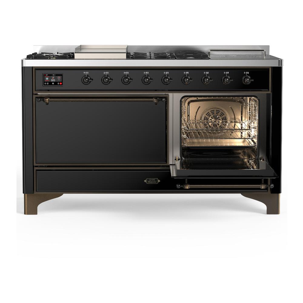 ILVE UM60FSQNR3BKBLP Majestic III 60 inch Dual Fuel Range with 7 Burners, Griddle and French Top, Dual Function Burner with up to 25,000 BTU (Liquid Propane, Solid Door, Glossy Black, Burnished)