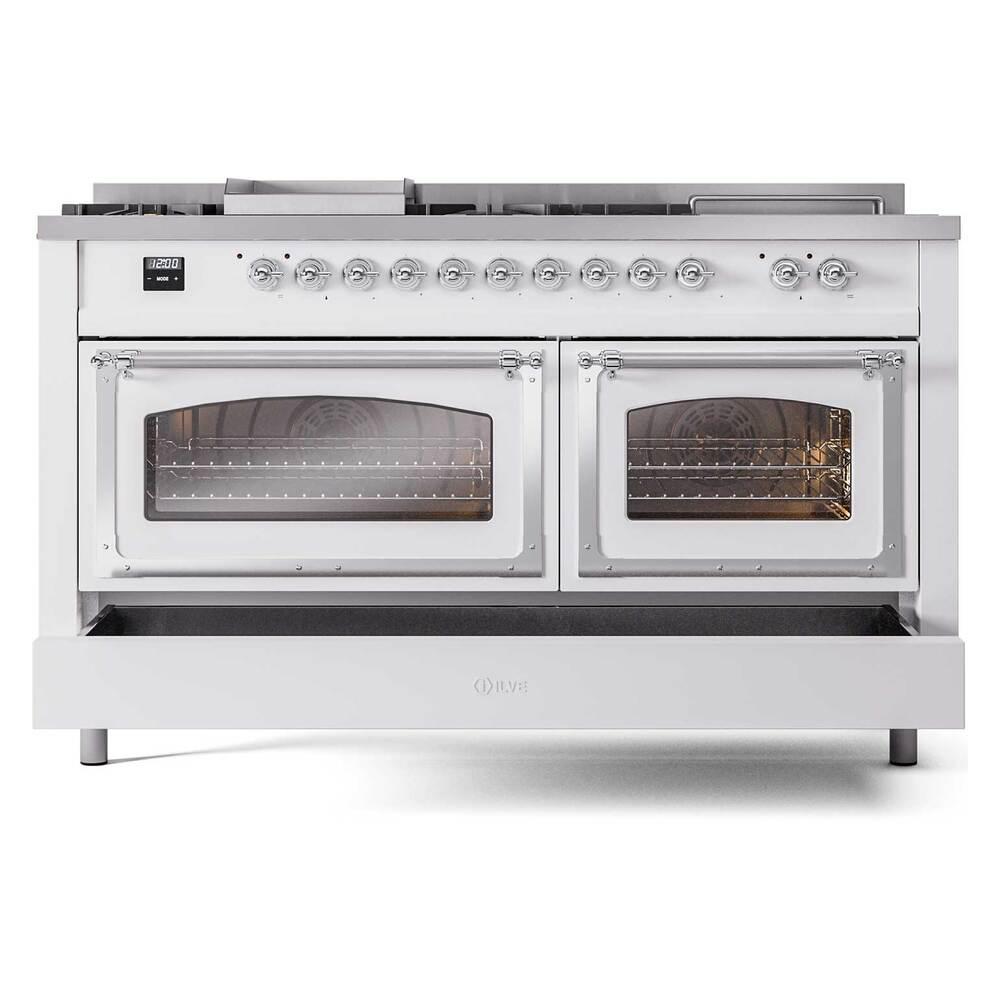ILVE UN60FSNMPRACLP Nostalgie II Noblesse 60 inch Dual Fuel Range (7 Sealed Burners + Griddle + French Top, Liquid Propane, Triple Glass Door, RAL, Chrome)