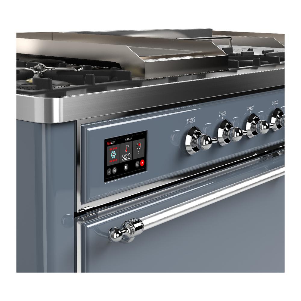 ILVE UM60FSQNR3BGC Majestic III 60 inch Dual Fuel Range with 7 Burners, Griddle and French Top, Dual Function Burner with up to 25,000 BTU (Natural Gas, Solid Door, Blue Grey, Chrome)
