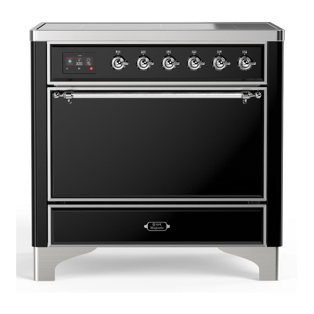 ILVE UMIB36QNR3BKC Majestic III 36 inch Induction Range with 6 Elements, 3.5 cu. ft. Total Oven Capacity (Solid Door, Glossy Black, Chrome)