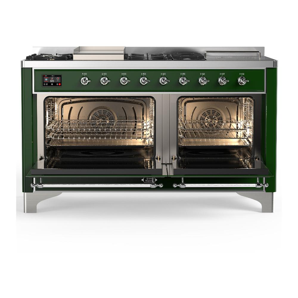 ILVE UM60FSQNR3EGC Majestic III 60 inch Dual Fuel Range with 7 Burners, Griddle and French Top, Dual Function Burner with up to 25,000 BTU (Natural Gas, Solid Door, Emerald Green, Chrome)