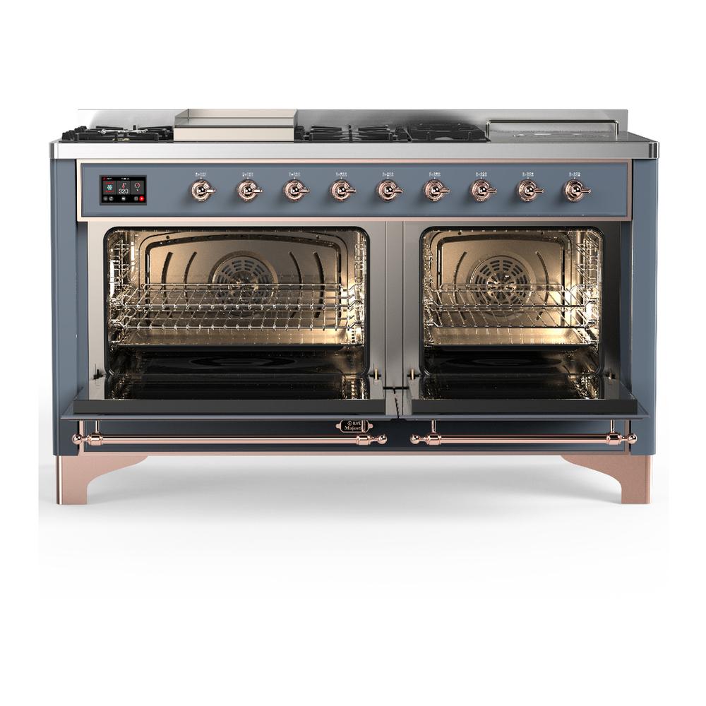 ILVE UM60FSQNR3BGP Majestic III 60 inch Dual Fuel Range with 7 Burners, Griddle and French Top, Dual Function Burner with up to 25,000 BTU (Natural Gas, Solid Door, Blue Grey, Copper)