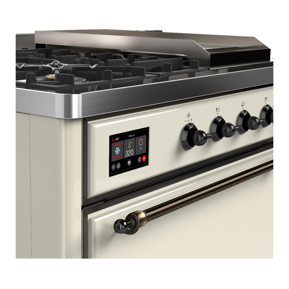 ILVE UM48FSQNR3AWBLP Majestic III 48 inch Dual Fuel Range with 5 Black Brass Burners, Griddle and French Top, Dual Function Burner up to 25,000 BTU (Liquid Propane, Solid Door, Antique White, Burnished)