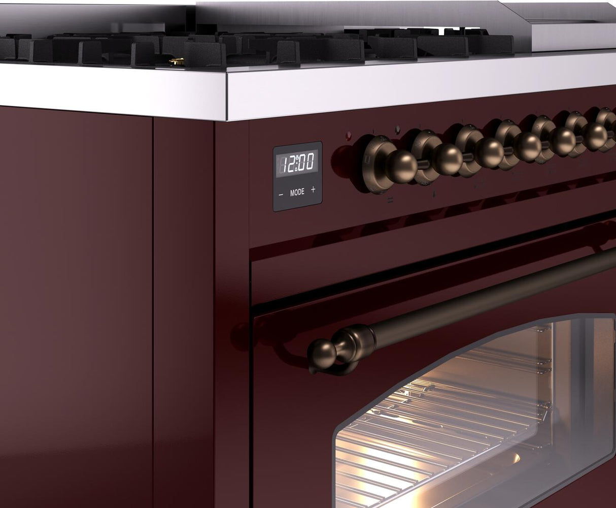 Nostalgie II 48 Inch Dual Fuel Liquid Propane Freestanding Range in Burgundy with Bronze Trim
