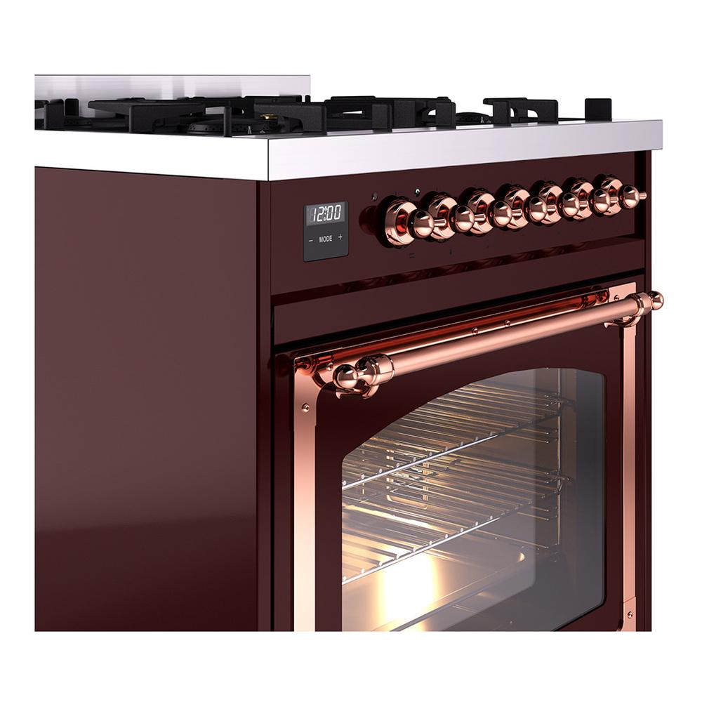 ILVE UN30NMPBUP Nostalgie II Noblesse 30 inch Dual Fuel Range (Natural Gas, Triple Glass Door, Burgundy, Copper)