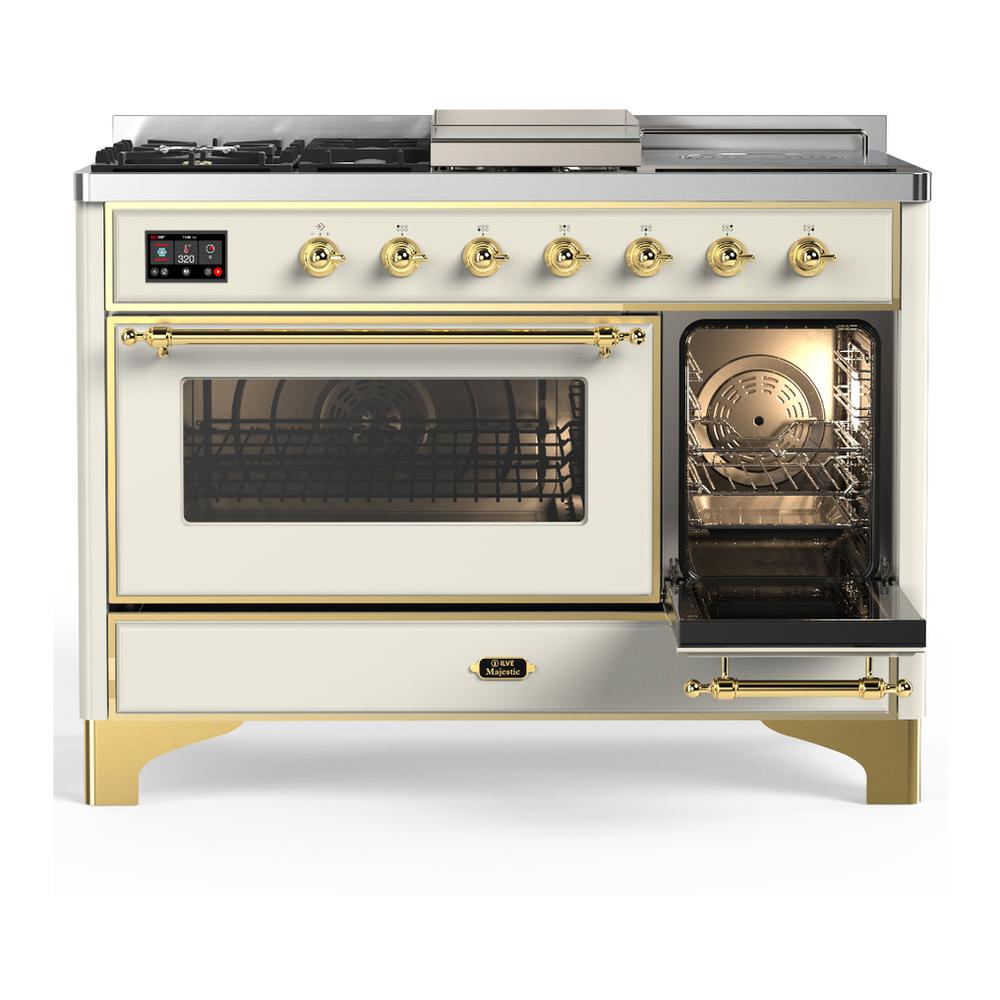 ILVE UM48FSNR3AWGLP Majestic III 48 inch Dual Fuel Range with 5 Black Brass Burners, Griddle and French Top, Dual Function Burner up to 25,000 BTU (Liquid Propane, Triple Glass Door, Antique White, Brass)