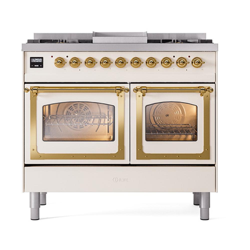 ILVE UND40FNMPAWGLP Nostalgie II Noblesse 40 inch Dual Fuel Range (Liquid Propane, Triple Glass Door, Antique White, Brass)