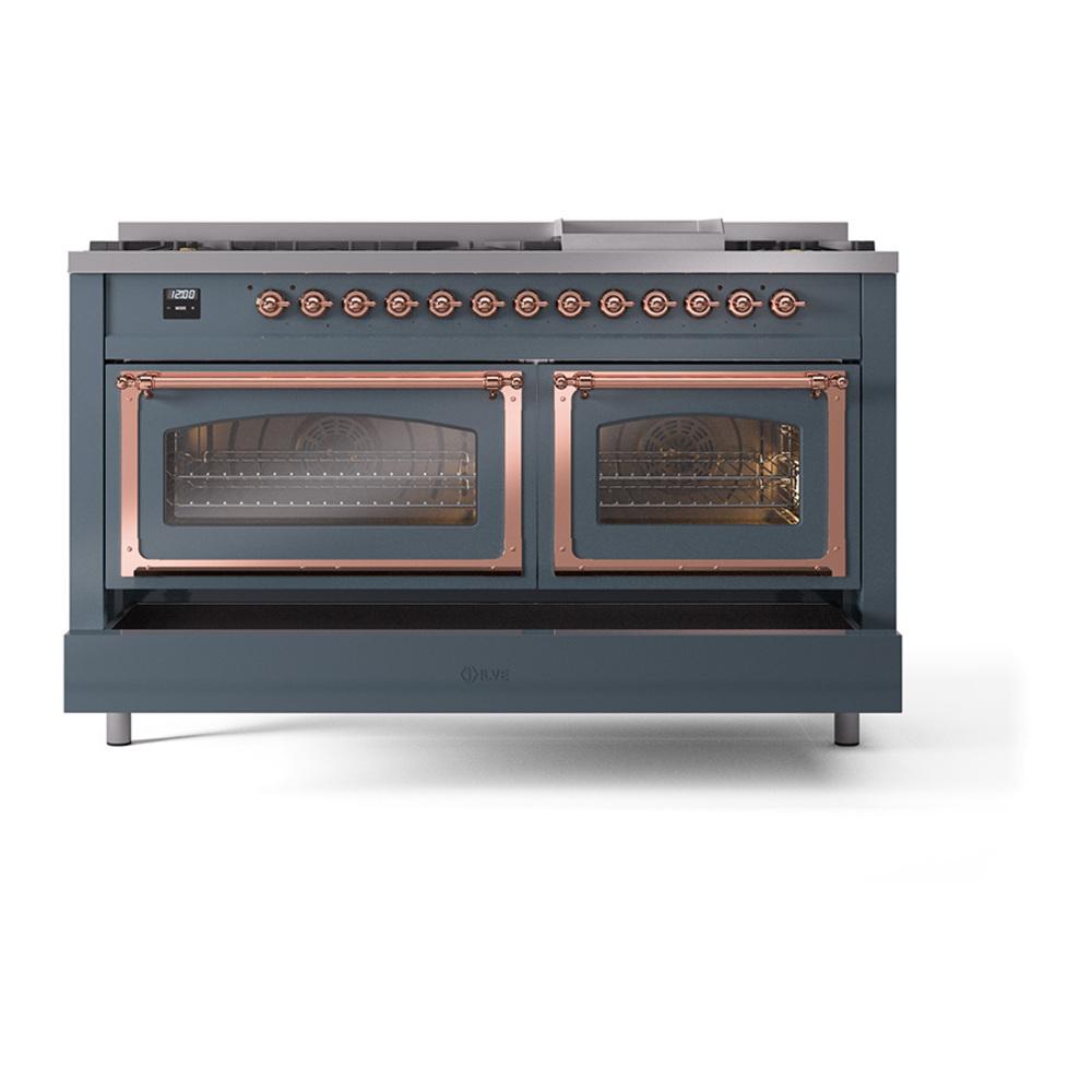 ILVE UN60FNMPBGP Nostalgie II Noblesse 60 inch Dual Fuel Range (9 Sealed Burners + Griddle, Natural Gas, Triple Glass Door, Blue Grey, Copper)
