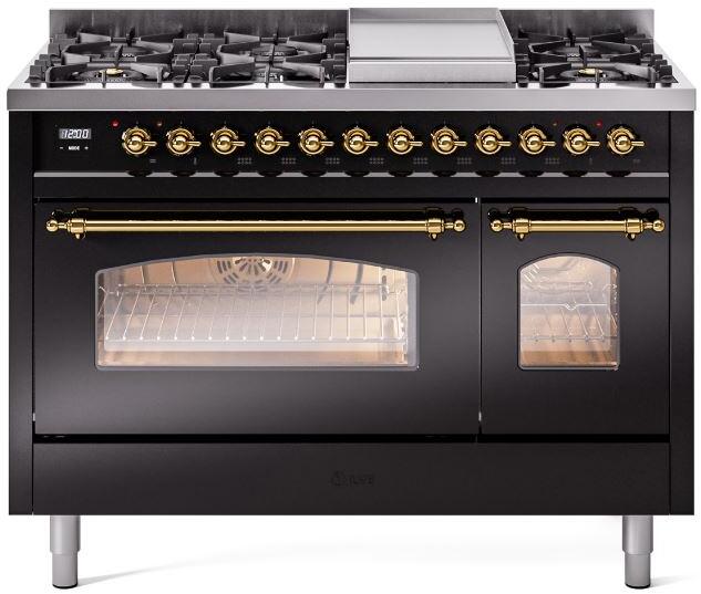 Nostalgie II 48 Inch Dual Fuel Natural Gas Freestanding Range in Glossy Black with Brass Trim