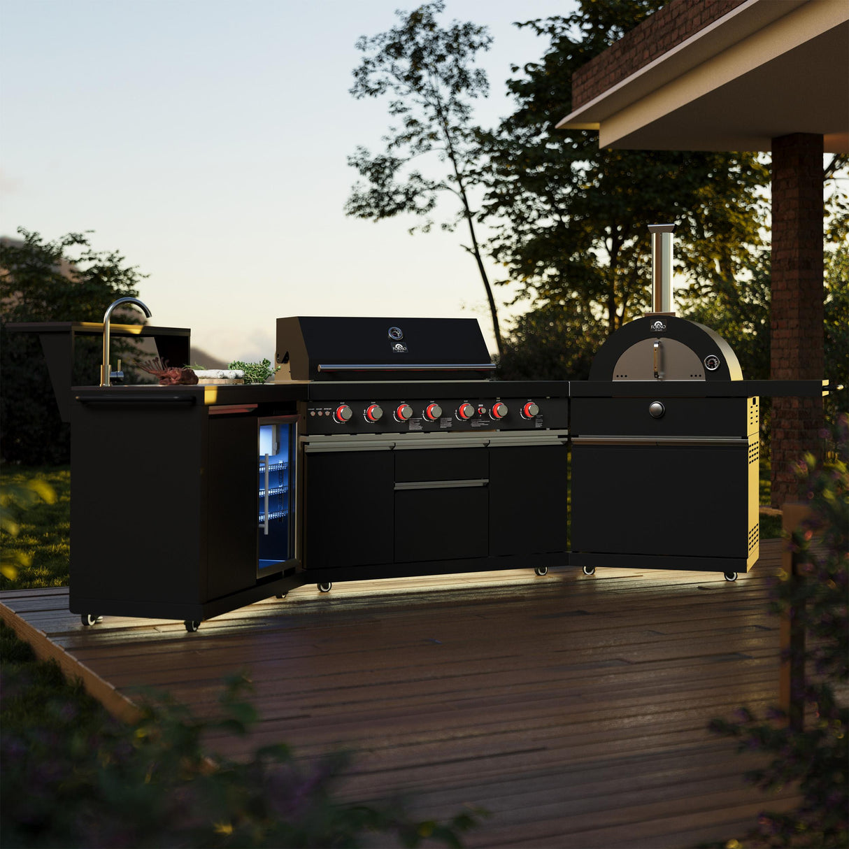 Forno All Aperto 87,600 BTU Outdoor Kitchen, 4 Burners, Infrared Burners, Side Burner, Black Sintered Stone Countertops, Gas Pizza Oven, Sink Module, Bar & Beverage Center