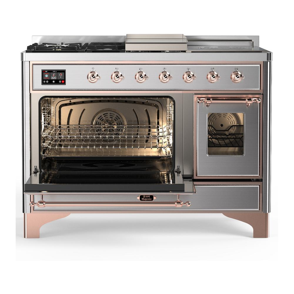 ILVE UM48FSNR3SSPLP Majestic III 48 inch Dual Fuel Range with 5 Black Brass Burners, Griddle and French Top, Dual Function Burner up to 25,000 BTU (Liquid Propane, Triple Glass Door, Stainless Steel, Copper)
