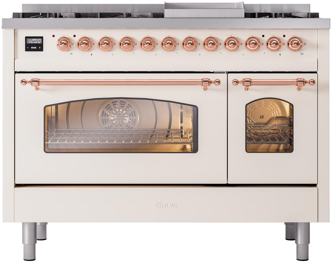 Nostalgie II 48 Inch Dual Fuel Liquid Propane Freestanding Range in Antique White with Copper Trim