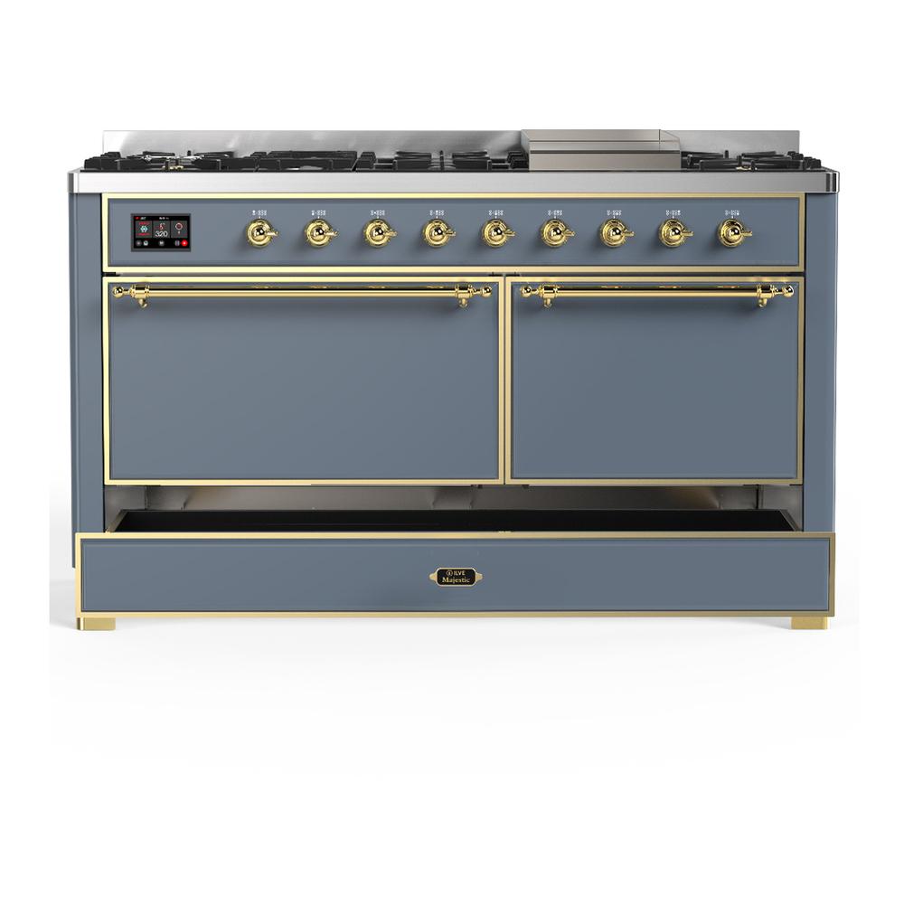 ILVE UM60FQNR3BGGLP Majestic III 60 inch Dual Fuel Range with 9 Burners and Griddle, Dual Function Burner up to 25,000 BTU (Liquid Propane, Solid Door, Blue Grey, Brass)