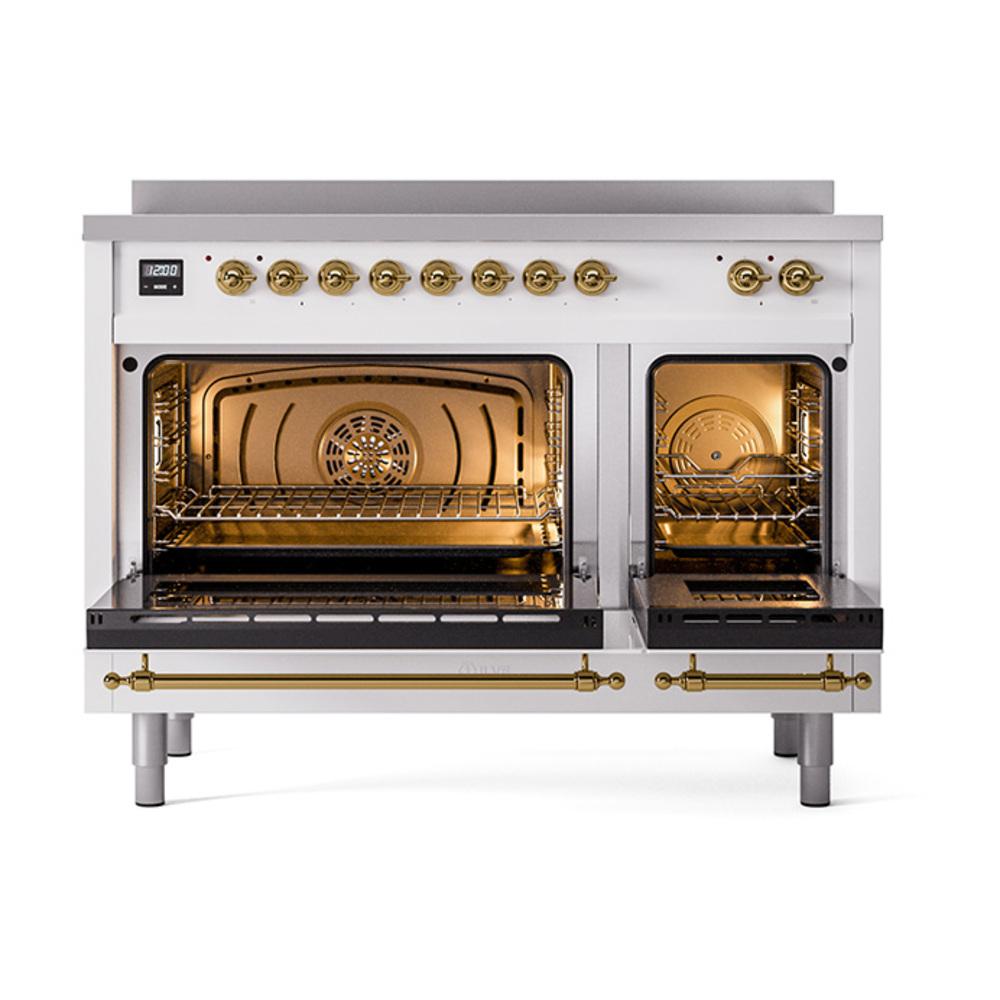 ILVE UNI486NMPWHG Nostalgie II Noblesse 48 inch Induction Range (Triple Glass Door, White, Brass)