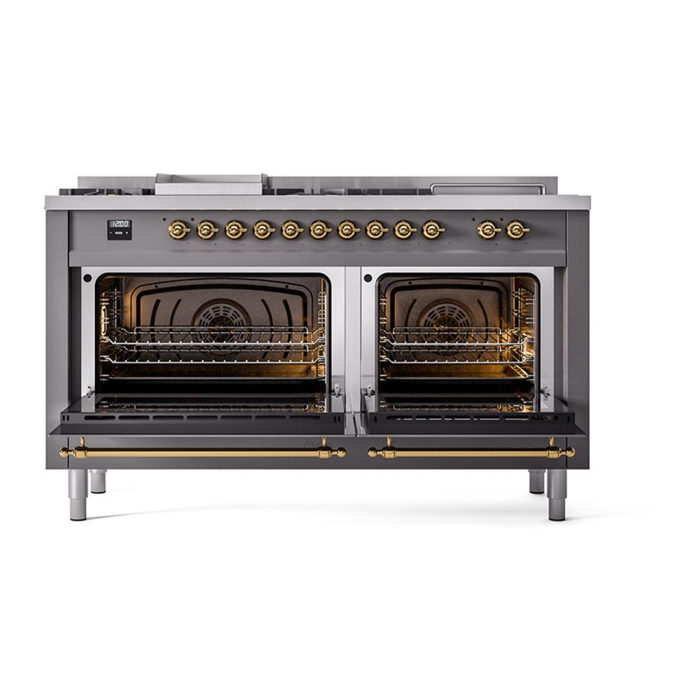 ILVE UN60FSQNMPMGGLP Nostalgie II Noblesse 60 inch Dual Fuel Range (7 Sealed Burners + Griddle + French Top, Liquid Propane, Solid Door, Graphite Matte, Brass)