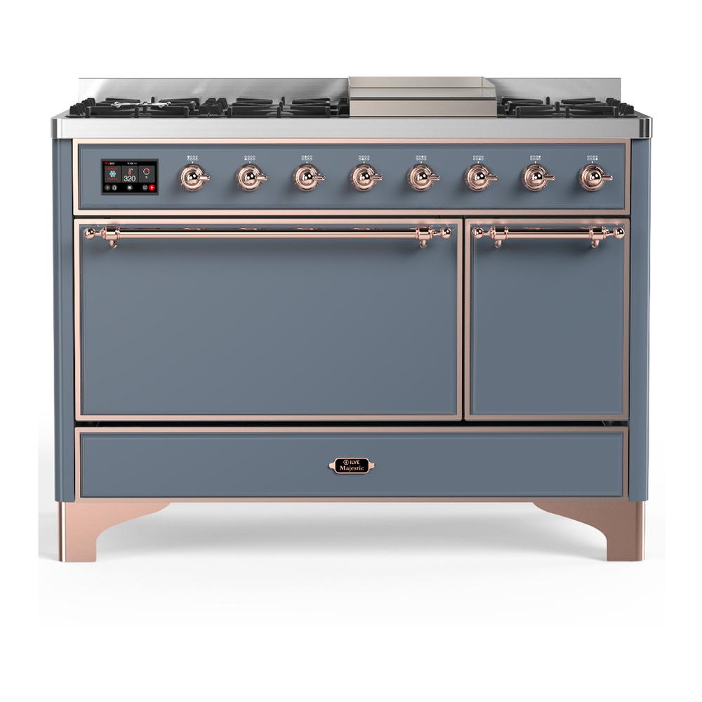 ILVE UM48FQNR3BGP Majestic III 48 inch Dual Fuel Range with 8 Burners and Griddle, Dual Function Burner up to 25,000 BTU (Natural Gas, Solid Door, Blue Grey, Copper)