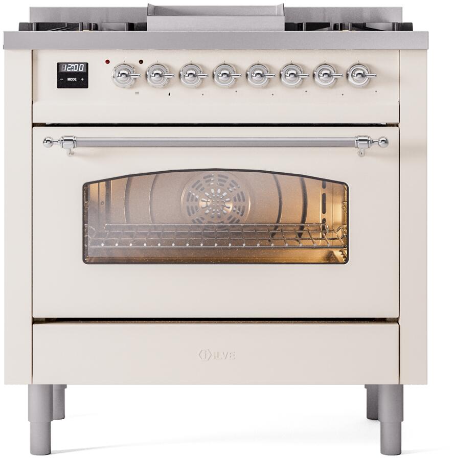Nostalgie II 36 Inch Dual Fuel Natural Gas Freestanding Range in Antique White with Chrome Trim