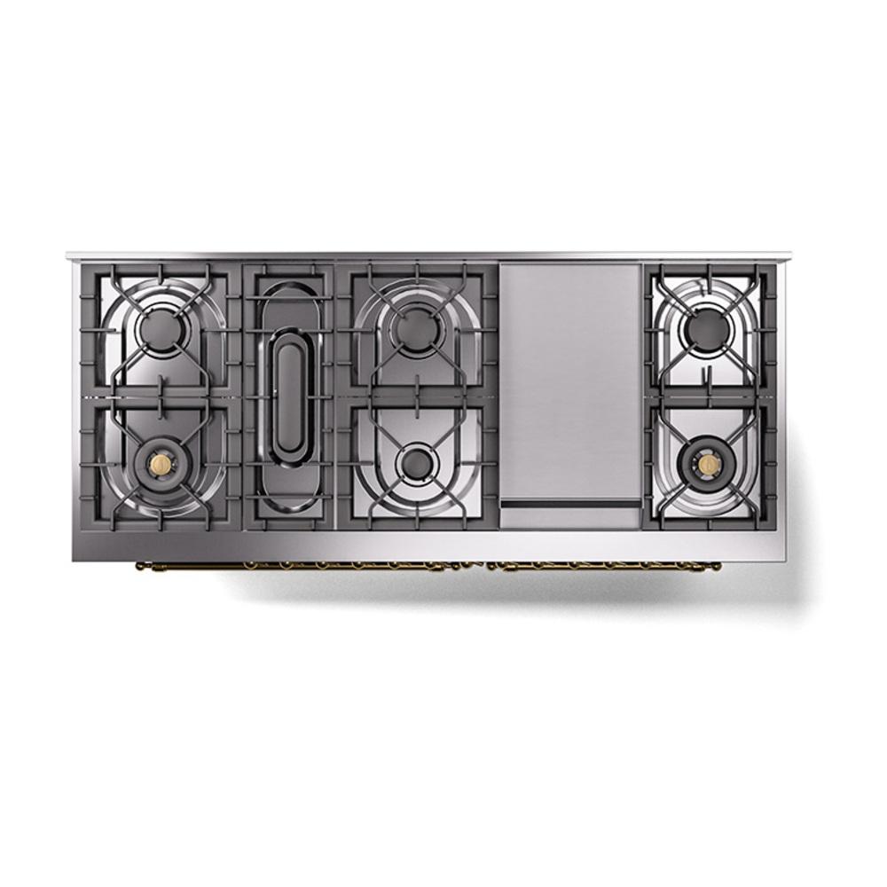 ILVE UN60FNMPBKGLP Nostalgie II Noblesse 60 inch Dual Fuel Range (9 Sealed Burners + Griddle, Liquid Propane, Triple Glass Door, Glossy Black, Brass)