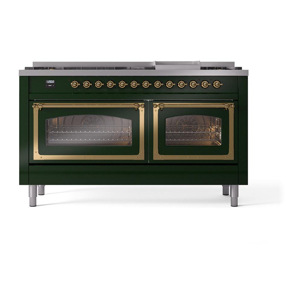 ILVE UN60FNMPEGG Nostalgie II Noblesse 60 inch Dual Fuel Range (9 Sealed Burners + Griddle, Natural Gas, Triple Glass Door, Emerald Green, Brass)