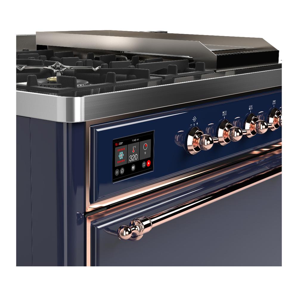 ILVE UM48FSQNR3MBPLP Majestic III 48 inch Dual Fuel Range with 5 Black Brass Burners, Griddle and French Top, Dual Function Burner up to 25,000 BTU (Liquid Propane, Solid Door, Midnight Blue, Copper)