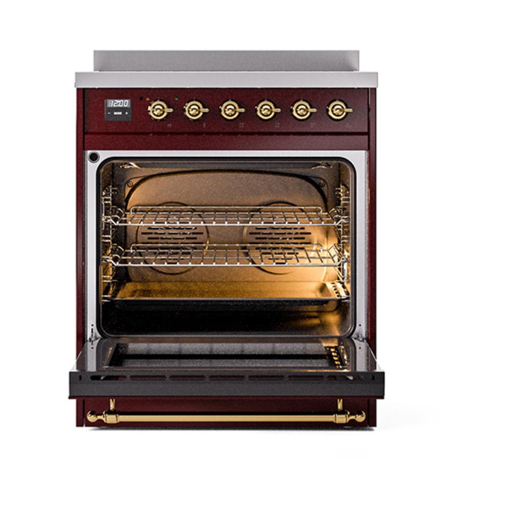 ILVE UNI304NMPBUG Nostalgie II Noblesse 30 inch Induction Range (Triple Glass Door, Burgundy, Brass)